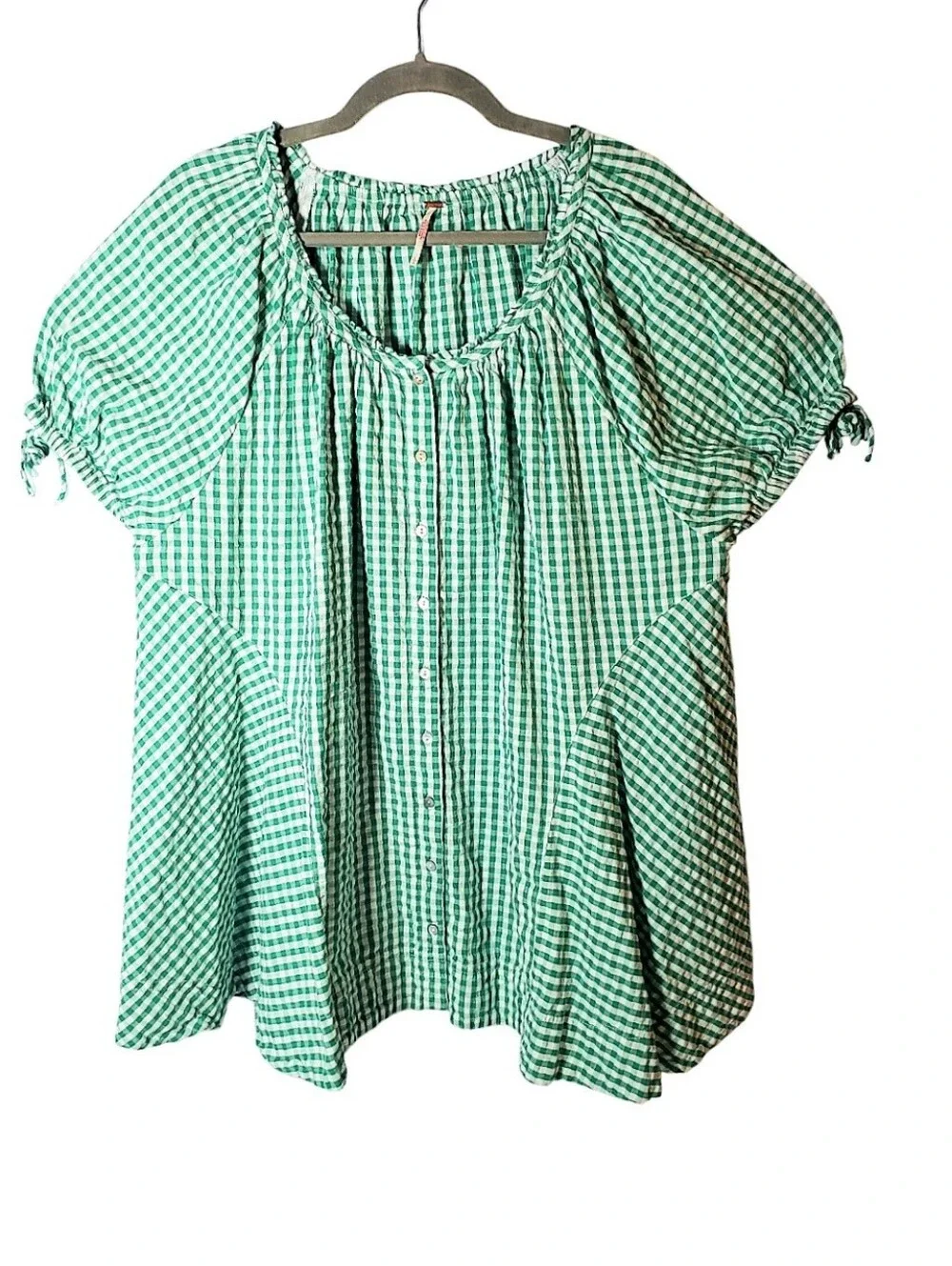 Free People Farley Gingham Tunic Mini Shirt Dress L Puffed Tie Sleeves Cottage